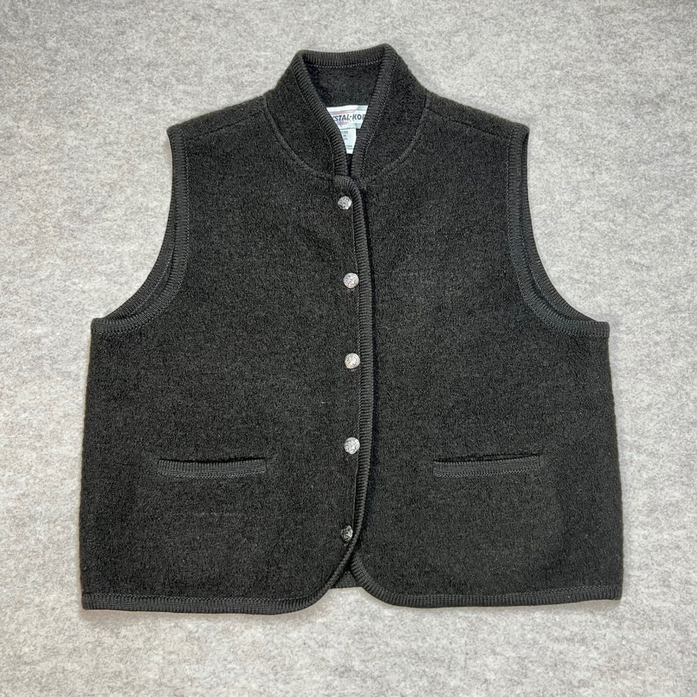 Vtg Crystal Knob Petites Brown 100% Wool Button Front Vest Petite Medium EUC